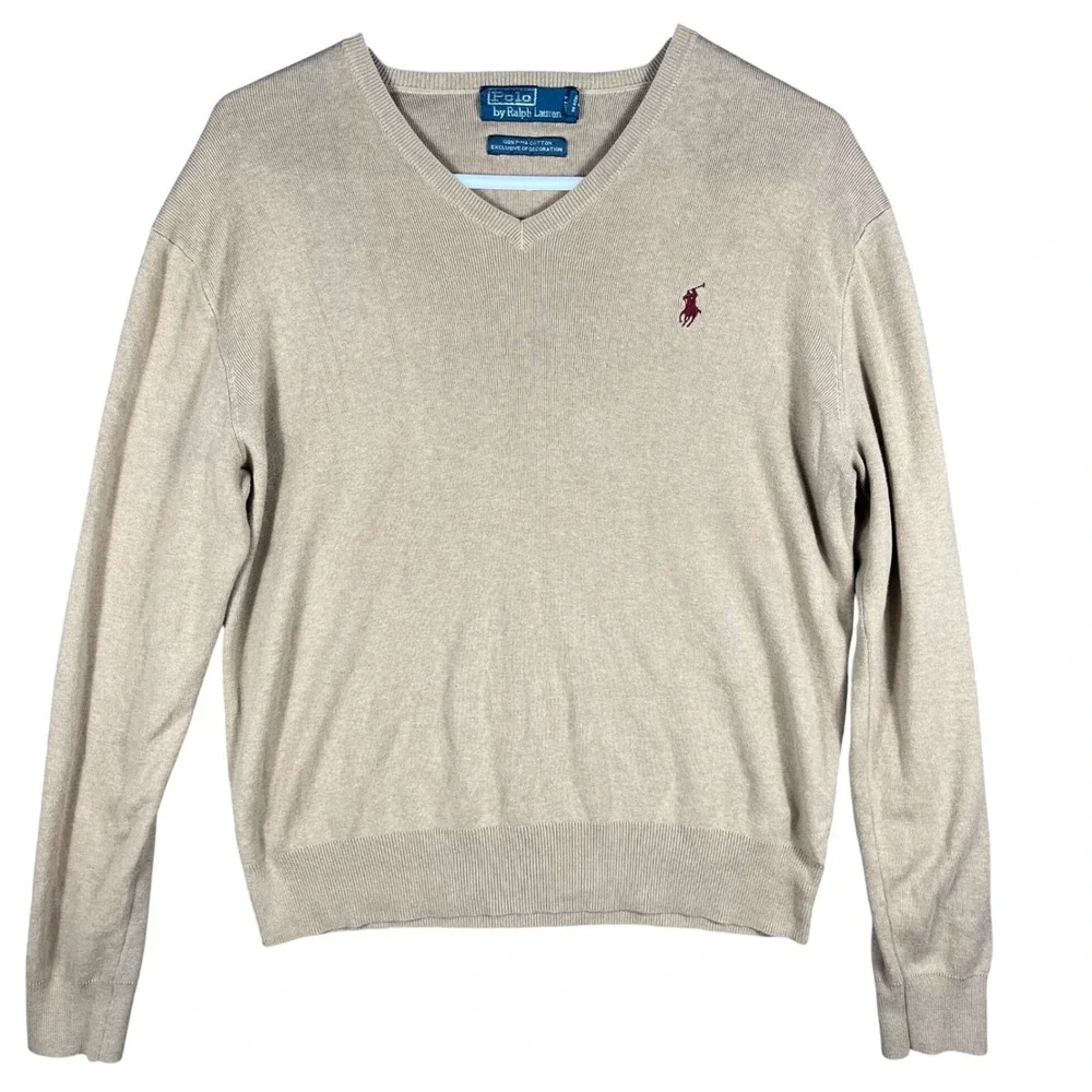 VTG Polo Ralph Lauren V-Neck Sweater Mens S Tan Beige 100% Pima Cotton Pony Logo